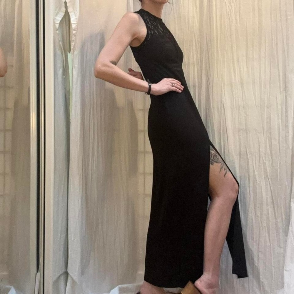 Black Lace Maxi Dress Vintage‎ 90s Jump Front Slits Formal Size XS Goth Y2K - Picture 3 of 8